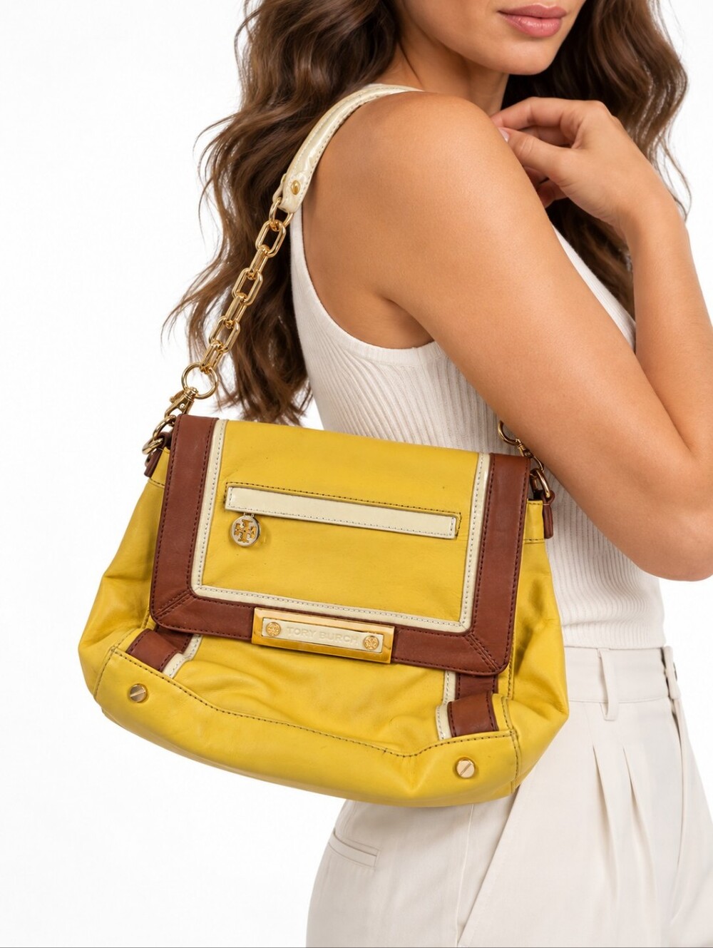 Tory Burch Yellow Leather Foldover Shoulder Bag Logo Interior Gold Hardware